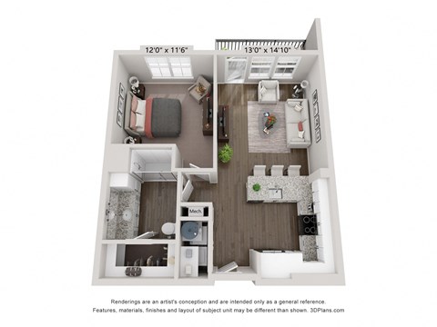 Floor plan for 1 bed, 1 bath, 681 sqft